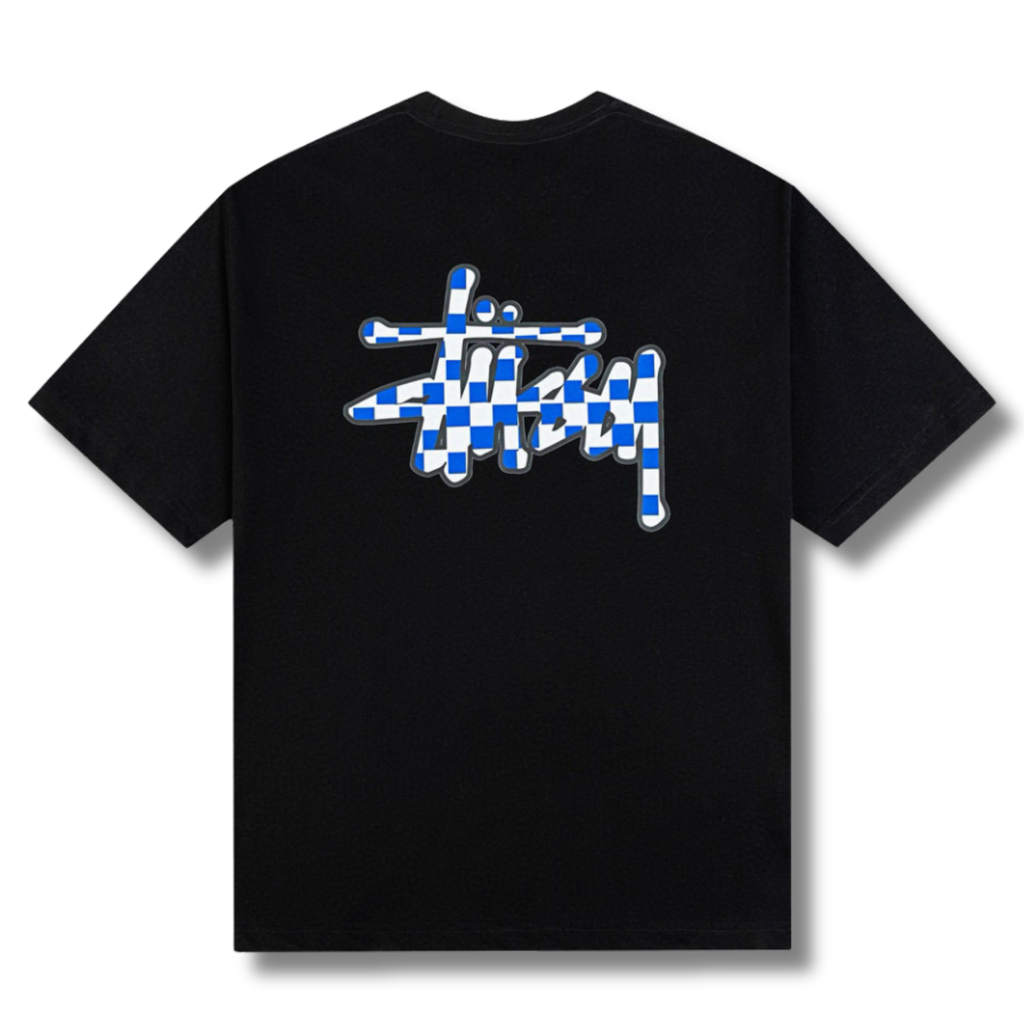 Stu T-shirt Black w Checkered white/blue