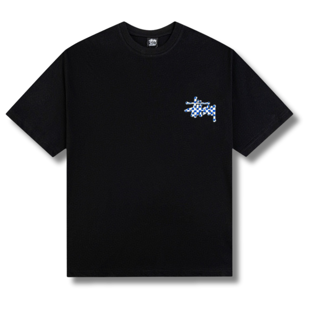 Stu T-shirt Black w Checkered white/blue